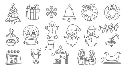 Hand-Drawn Christmas Icon Set &ndash; Tree, Santa, Gifts, Wreath, Reindeer, Snowman, Holiday Doodles