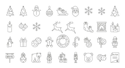 Hand-Drawn Christmas Icon Set &ndash; Tree, Santa, Gifts, Wreath, Reindeer, Snowman, Holiday Doodles