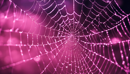 Delicate spider web glistening with raindrops in soft pink light during early morning hours Generative AI
