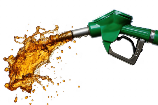 Green nozzle spraying amber liquid isolated on a transparent background