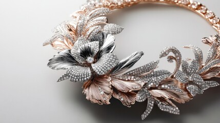 Luxurious, diamond-encrusted floral necklace, studio shot, elegant background