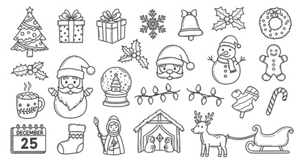 Hand-Drawn Christmas Icon Set – Tree, Santa, Gifts, Wreath, Reindeer, Snowman, Holiday Doodles