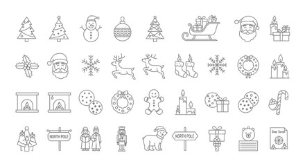 Hand-Drawn Christmas Icon Set &ndash; Tree, Santa, Gifts, Wreath, Reindeer, Snowman, Holiday Doodles