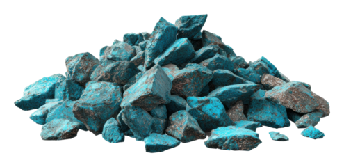 Mining action of turquoise rock industrial site mineral showcase isolated on transparent background