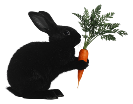 Charming Black Bunny Silhouette Holding a Fresh Carrot, Standing Pose, isolated