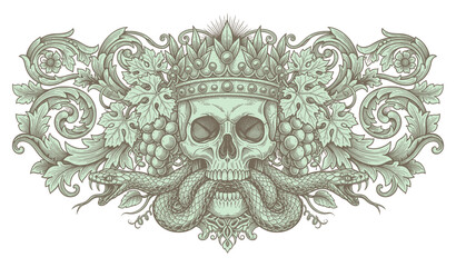 Vintage ornate skull wearing crown with snakes and floral baroque vines, gothic engraving illustration in detailed etching style.
