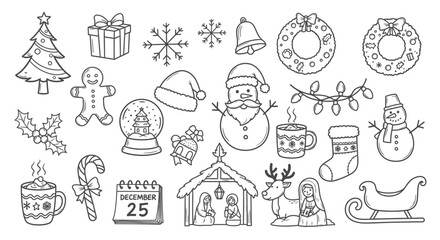 Hand-Drawn Christmas Icon Set &ndash; Tree, Santa, Gifts, Wreath, Reindeer, Snowman, Holiday Doodles