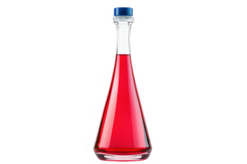 Crimson liquid in conical glass flask isolated on a transparent background
