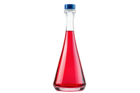 Crimson liquid in conical glass flask isolated on a transparent background