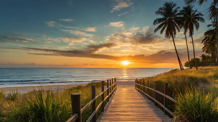 Fototapeta premium Sea side wood road sunset clean sky