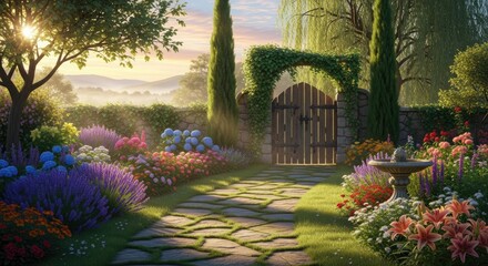 Discover a secret garden with a rustic wooden gate, stone path, and vibrant flowerbeds perfect for a peaceful retreat or charming landscape design inspiration, ideal for springtime promotions