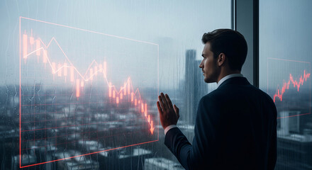 Businessman sitting in a futuristic red cityscape at night, watching a falling stock market graph projected above, analyzing the implications of the economic decline and loss