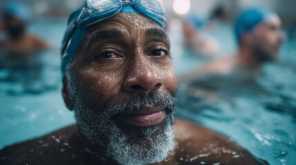 Fototapeta premium an elderly black man with a beard swimming in an indoor pool