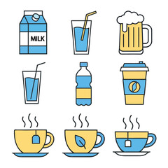 Collection of diverse beverage icons including milk water beer and hot drinks