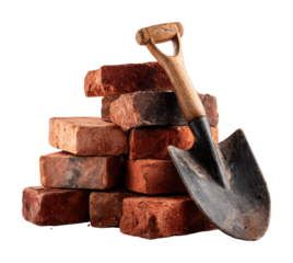 Construction activity building with bricks and shovel workshop isolated on transparent background