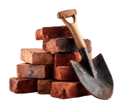 Construction activity building with bricks and shovel workshop isolated on transparent background