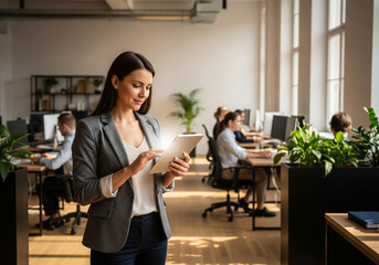 European businesswoman CEO holding digital tablet using tab application standing at workplace in office.