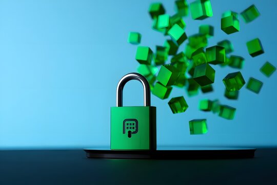 Green padlock with cubes representing data security and encryption technology concept