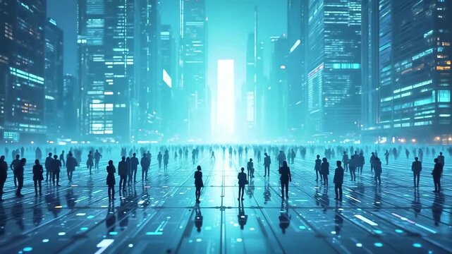 Digital city with busy pedestrians, bustling city streets illuminated by holograms and neon lights, crowds traverse illuminated avenues amidst towering digital and reflective surfaces