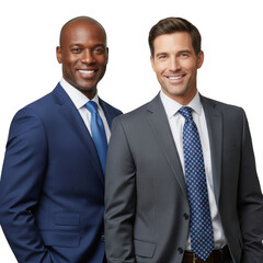 Two smiling professional men in suits and ties standing together showcasing their business attire and confident demeanor isolated on transparent background