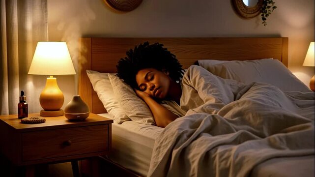 Nighttime rest depicted with warm lighting details, relaxed woman resting peacefully in comforting home environment, calm and restorative moment captured of woman sleeping in warm ambient glow
