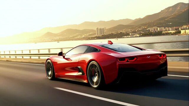 Fast seaside test, high performance sports car navigates scenic shoreline during sunset hours, prototype hypercar swiftly glides along winding coastal route amid golden reflections and warm evening