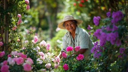 an elderly latin woman tending to her flower garden