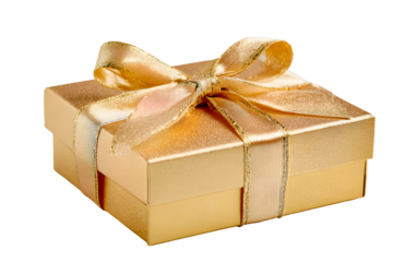 Angle golden gift box with satin bow light gold ribbon isolated on cutout PNG or transparent background. Festive holiday Christmas, happy new years, birthday. Festival very special time.