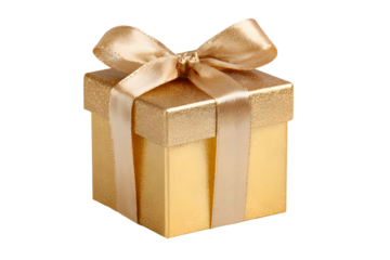 Angle golden gift box with satin bow light gold ribbon isolated on cut out PNG or transparent background. Festival very special time. Festive holiday Christmas, happy new years, birthday.