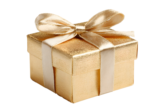 Angle golden gift box with satin bow light gold ribbon isolated on cutout PNG or transparent background. Festive holiday Christmas, happy new years, birthday. Festival very special time.