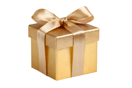 Angle golden gift box with satin bow light gold ribbon isolated on cut out PNG or transparent background. Festival very special time. Festive holiday Christmas, happy new years, birthday.