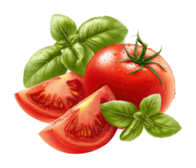Fresh tomatoes and basil culinary kitchen natural light isolated on transparent background