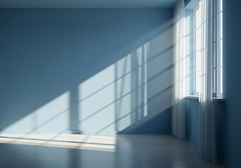 Fototapeta premium Light streaming through a window into a blue room with flowing white fabric.