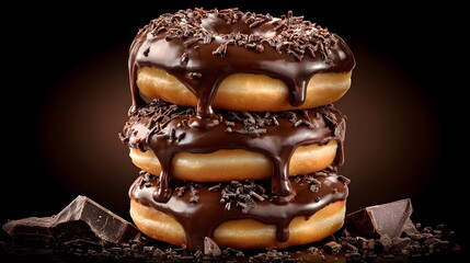 A tower of three decadent chocolate-glazed doughnuts is stacked high against a dark background. Rich chocolate drips down the sides, sprinkled with chocolate shavings, inviting indulgence and delight.