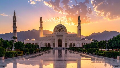Majestic Sultan Qaboos Grand Mosque at Sunset in Muscat Oman Golden Hour Serenity and Architectural Splendor