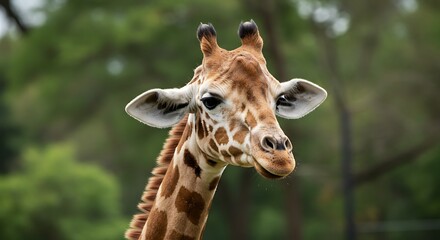 Naklejka premium Close-up of a giraffe's head and neck against a blurred green background