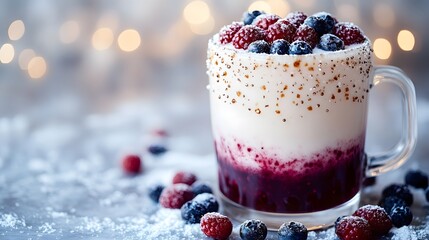 Delicious dessert in a glass with berries and cream, perfect for festive gatherings