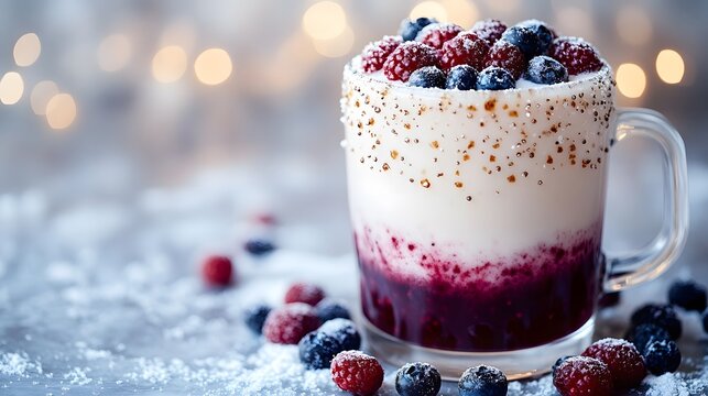 Delicious dessert in a glass with berries and cream, perfect for festive gatherings