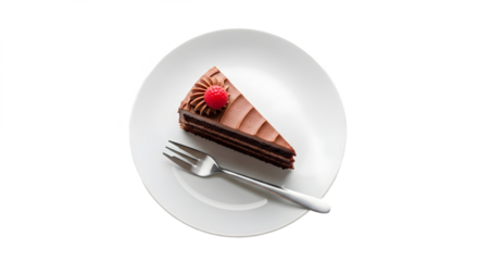 A slice of chocolate cake with raspberry on a white plate and a fork on a black background