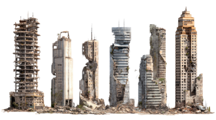 Set of Ruined Skyscrapers Isolated on transparent background Remove png, Clipping Path, pen tool
