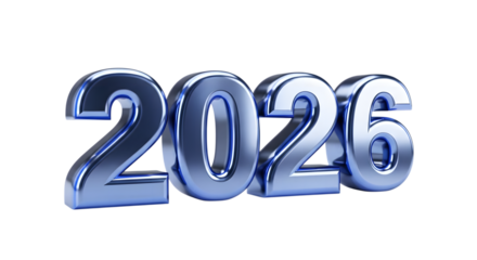 Shiny metallic 3d numbers 2026 isolated on transparent background