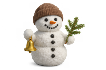 Snowman figure wearing a brown knit cap and smiling, holding a golden christmas bell and green pine branch, transparent background