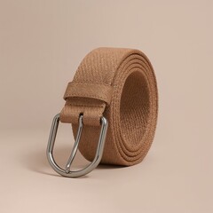 Fashion belt in tan color with metal buckle on neutral background  