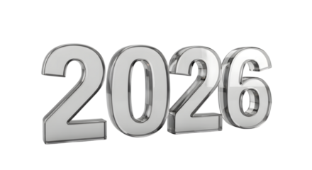 Silver 3d numbers 2026 isolated on transparent background