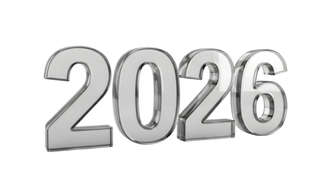Silver 3d numbers 2026 isolated on transparent background