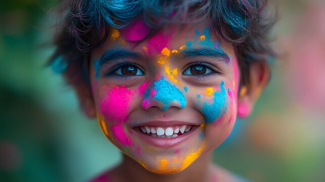 Young boy with colorful face paint celebrates festival of colors during daytime in a vibrant outdoor setting