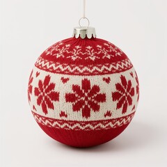 Knitted red Christmas ornament with snowflake design hanging  