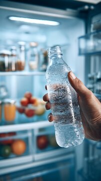 Hand holding a cold water bottle inside a refrigerator