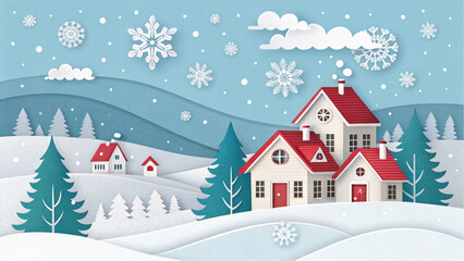 Charming winter village scene with snow falling on houses and trees