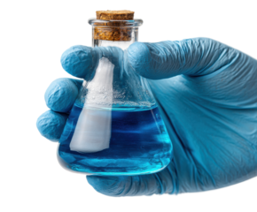 Conducting chemical experiments with blue liquid in laboratory isolated on transparent background